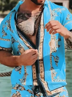 Men's Hawaiian Matching Set Summer Tropical Beach 2 Piece Outfits Button Down Shirts And Shorts