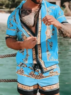 Men's Hawaiian Matching Set Summer Tropical Beach 2 Piece Outfits Button Down Shirts And Shorts