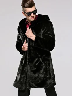 Men's Hooded Faux Fur Jackets Winter Coats In Black