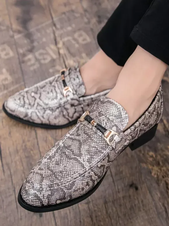 Mens Horsebit Loafers Slip-on Pointed Toe Snake Penny Shoes Buckle Strap Mid Heel Party Shoes