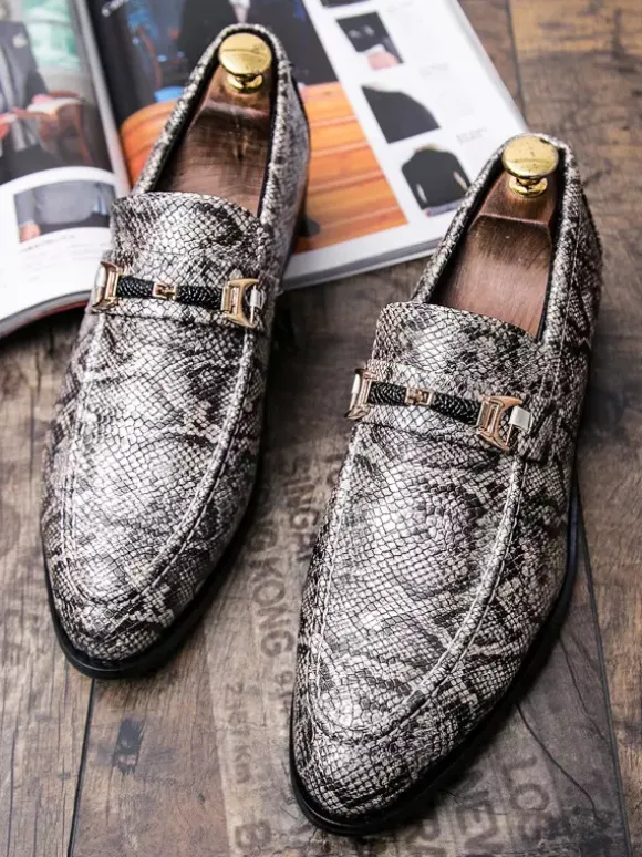 Mens Horsebit Loafers Slip-on Pointed Toe Snake Penny Shoes Buckle Strap Mid Heel Party Shoes