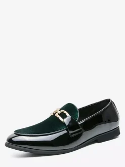 Mens Horsebit Loafers Suede Splice Leather Slip On Chain Buckle Penny Shoes Pointed Toe Low Heels Prom Shoes