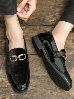 Mens Horsebit Loafers Suede Splice Leather Slip On Chain Buckle Penny Shoes Pointed Toe Low Heels Prom Shoes