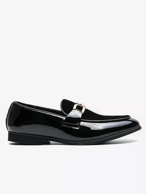 Mens Horsebit Loafers Suede Splice Leather Slip On Chain Buckle Penny Shoes Pointed Toe Low Heels Prom Shoes