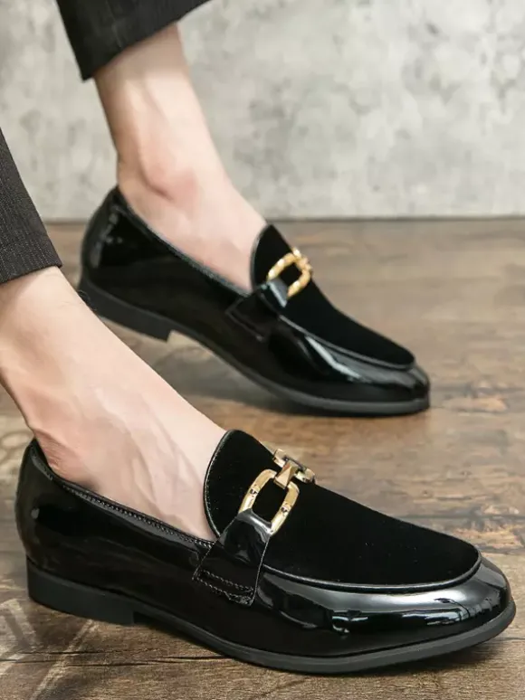 Mens Horsebit Loafers Suede Splice Leather Slip On Chain Buckle Penny Shoes Pointed Toe Low Heels Prom Shoes