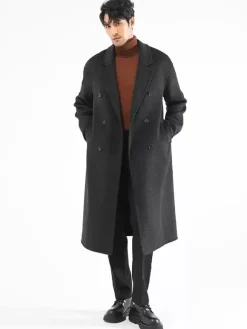 Men's Jackets Coats Winter Turn Down Collar Lapel Black Longline Woolen Coat