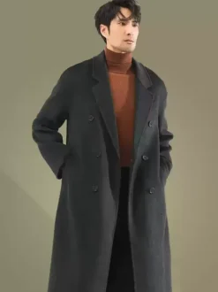 Men's Jackets Coats Winter Turn Down Collar Lapel Black Longline Woolen Coat