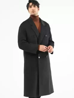 Men's Jackets Coats Winter Turn Down Collar Lapel Black Longline Woolen Coat