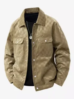 Men’s Jackets Suede Checkerboard Pattern Long Sleeve Winter Coats