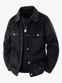 Men’s Jackets Suede Checkerboard Pattern Long Sleeve Winter Coats