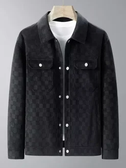 Men’s Jackets Suede Checkerboard Pattern Long Sleeve Winter Coats
