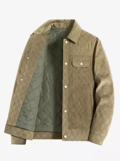 Men’s Jackets Suede Checkerboard Pattern Long Sleeve Winter Coats