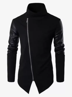Men's Jacket with Zipper Vintage Stand Collar Asymmetrical Long Sleeve Coat