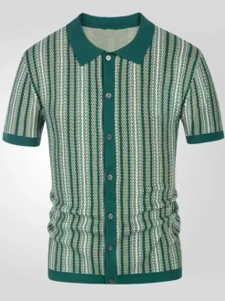 Men’s Lapel T-Shirt Striped Single Breasted Short Sleeved Polo Shirt