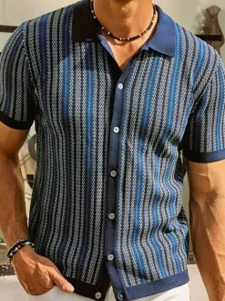 Men’s Lapel T-Shirt Striped Single Breasted Short Sleeved Polo Shirt