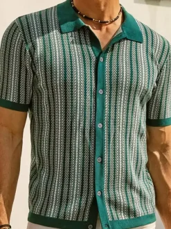 Men’s Lapel T-Shirt Striped Single Breasted Short Sleeved Polo Shirt