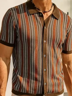 Men’s Lapel T-Shirt Striped Single Breasted Short Sleeved Polo Shirt