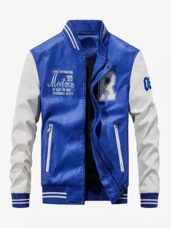 Men's Leather Jackets Color Block Long Sleeve Zipper Bomber Jackets