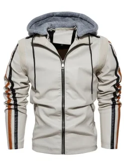 Men's Leather Jackets Hooded Comfy Zipper Color Block Moto Bomber Jackets