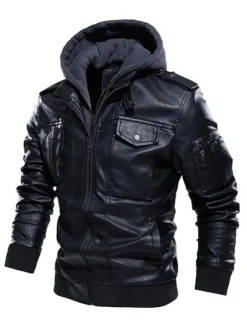 Men's Leather Jackets Zipper Pockets Windbreaker Hooded Coat