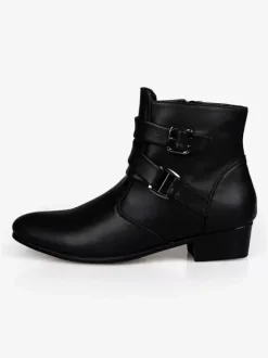Men's Leather Pointed Toe Chelsea Boots,Buckle Straps Side Zipper Chunky Low Heel Western Formal Dress Boots Ankle Boots