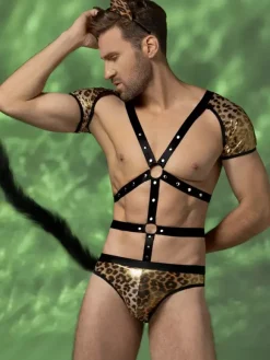 Men's Leopard Cat Costume Set Body Harness Shorts Tail Ears Halloween Cosplay Outfit Night Club Wear