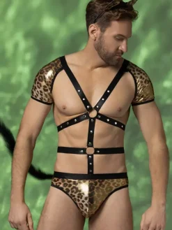 Men's Leopard Cat Costume Set Body Harness Shorts Tail Ears Halloween Cosplay Outfit Night Club Wear