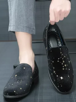 Men Slip On Loafer Classics Black Penny Shoes Style Casual Shoes Star Embroidery High Quality Suede Pointed Shoe