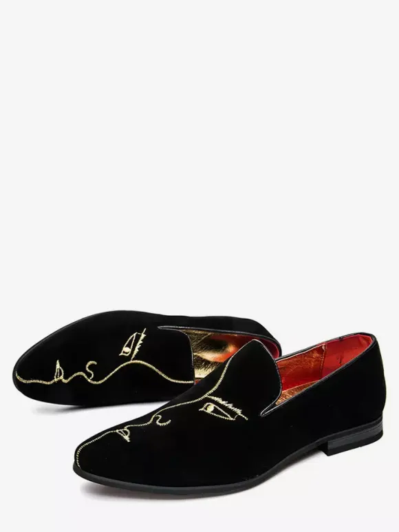 Mens Loafers Embroidery Suede Pointed Toe Moccasins Shoes Slip-on Low Heels Penny Shoes