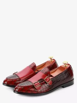 Mens Loafers Slip-on Low Heels Leather Monk Shoes Textured Decorate Low Top Penny Shoes