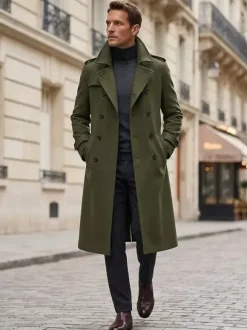 Men's Longline Coats Woolen Notched Lapel Collar Camel Slim Fit Overcoats