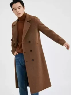 Men's Longline Woolen Coats Turn Down Collar Lapel Comfortable Gray Double Breasted Coat