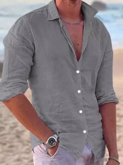 Men's Long Sleeve Cuban Shirt Button Down Casual Summer Beach Linen Shirts