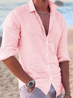 Men's Long Sleeve Cuban Shirt Button Down Casual Summer Beach Linen Shirts