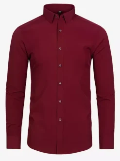 Men's Long-Sleeved Shirt Button Down Elastic Solid Color Tops