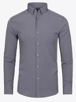 Men's Long-Sleeved Shirt Button Down Elastic Solid Color Tops
