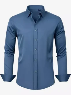 Men's Long-Sleeved Shirt Button Down Elastic Solid Color Tops