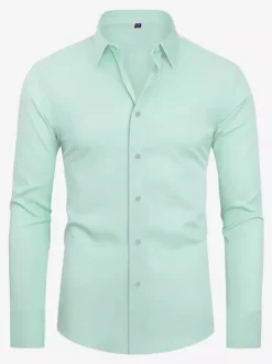 Men's Long-Sleeved Shirt Button Down Elastic Solid Color Tops