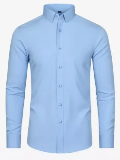 Men's Long-Sleeved Shirt Button Down Elastic Solid Color Tops