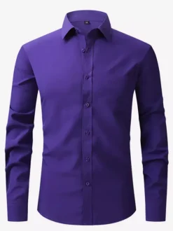 Men's Long-Sleeved Shirt Button Down Elastic Solid Color Tops