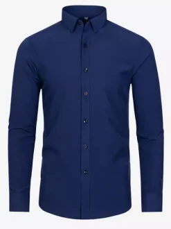 Men's Long-Sleeved Shirt Button Down Elastic Solid Color Tops