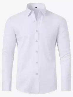 Men's Long-Sleeved Shirt Button Down Elastic Solid Color Tops