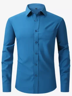 Men's Long-Sleeved Shirt Button Down Elastic Solid Color Tops