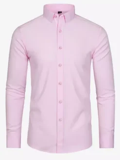 Men's Long-Sleeved Shirt Button Down Elastic Solid Color Tops