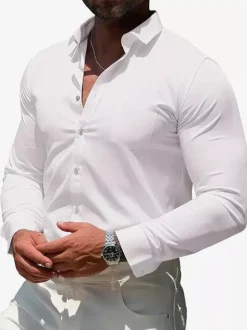 Men's Long-Sleeved Shirts Elastic Button Down Slim Fit Solid Color Shirts