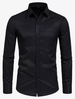 Men's Long-Sleeved Shirts Elastic Button Down Slim Fit Solid Color Shirts