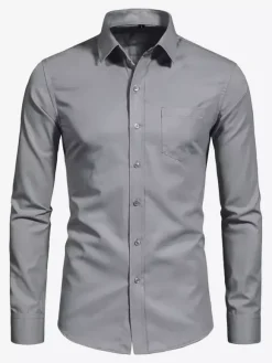 Men's Long-Sleeved Shirts Elastic Button Down Slim Fit Solid Color Shirts