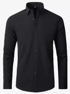 Men's Long-Sleeved Shirt Slim Fit Button Down Solid Color Tops
