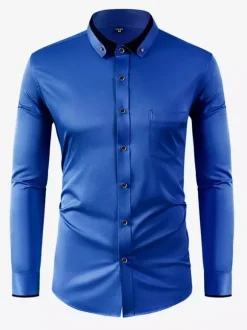 Men's Long Sleeve Stretch Shirts Diamond Button Solid Color Slim Fit Shirts