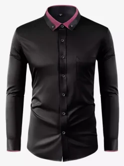 Men's Long Sleeve Stretch Shirts Diamond Button Solid Color Slim Fit Shirts